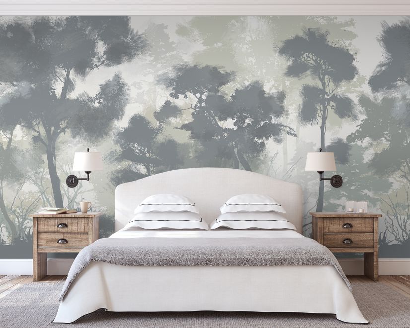 Monochrome Forest Silhouette Landscape Wallpaper Mural