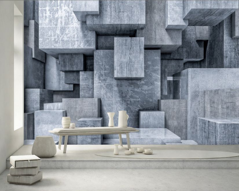 3D Look Concrete Style Gray Abstract Cubes Wallpaper Mural