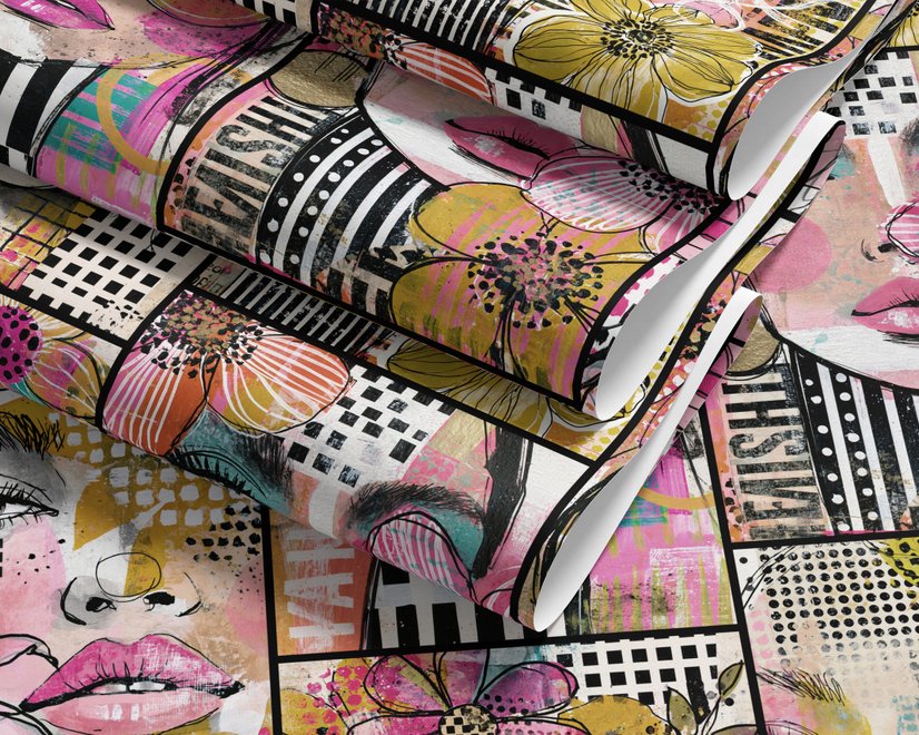 Bold wallpaper for powder room with pop art female faces, pink flowers, black comic panels, mustard, teal and fuchsia details