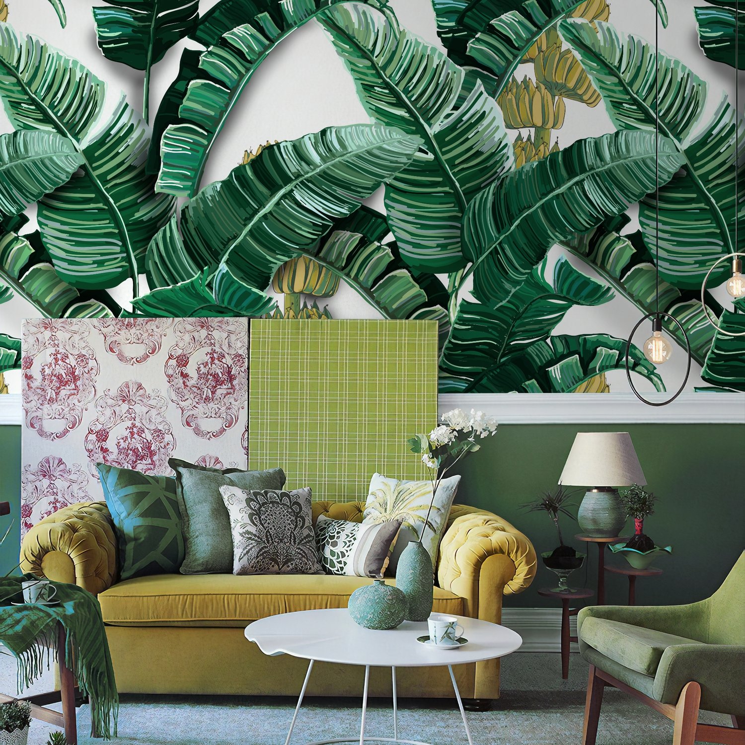 Watercolor Banana Leaf Pattern Wallpaper Mural - Peel and Stick