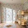 Hot air balloon wallpaper with watercolor balloons, ivory clouds and peach gold stars on pale powder blue