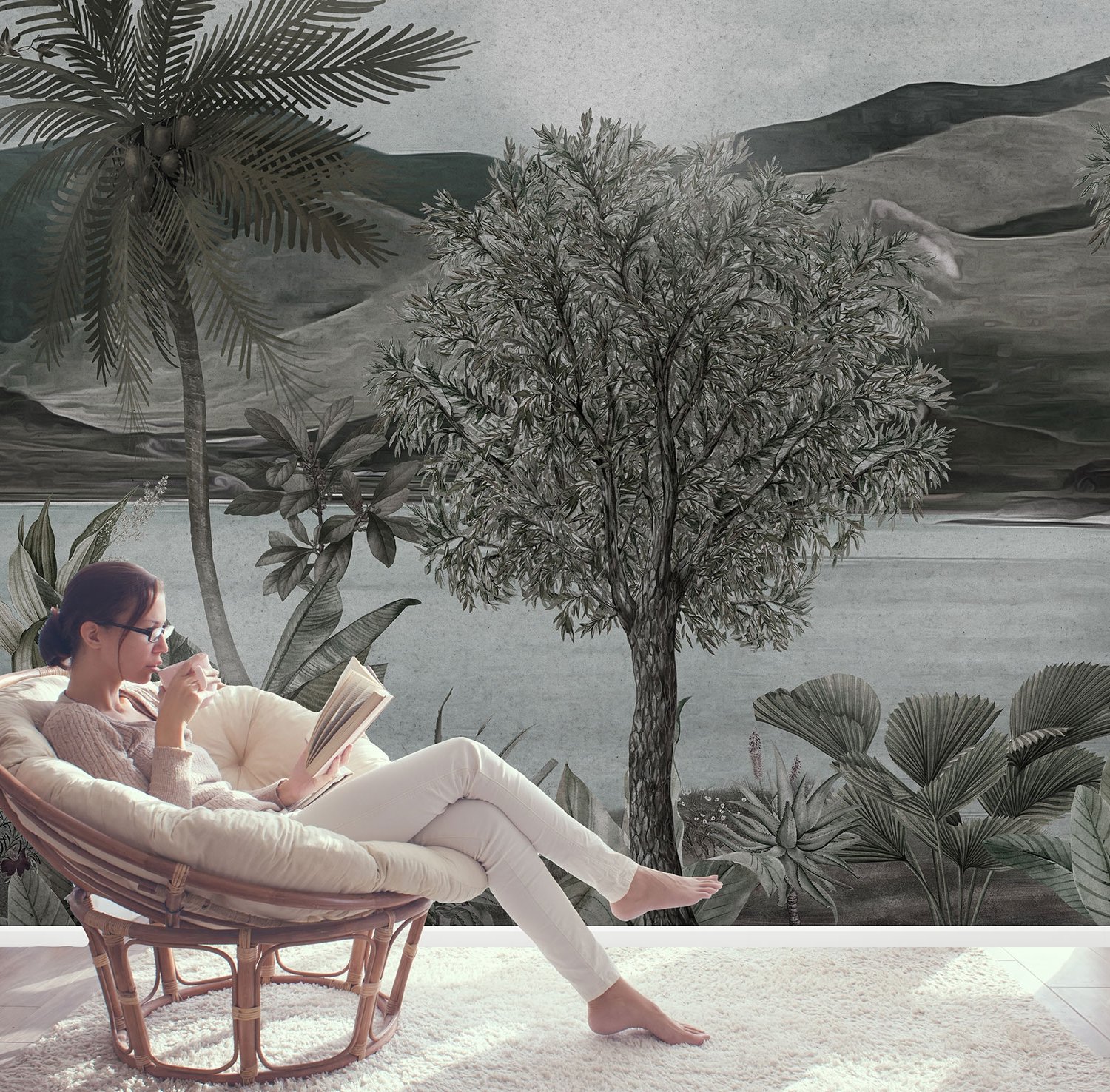 Dreamy Tropical Dark Forest Scene Wallpaper Mural - Peel and Stick