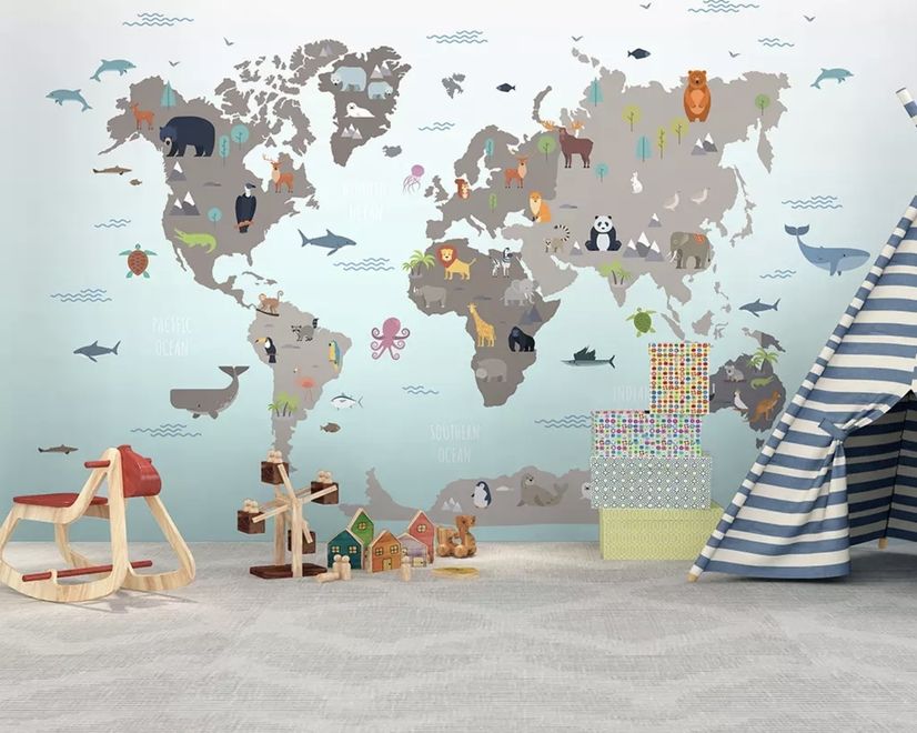 Gray Kids World Map Wallpaper Mural