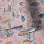 Cute pink seashell wallpaper with watercolour reef fish, coral, seaweed, starfish and shells on blush pink