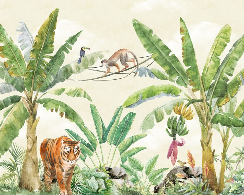 Watercolor Safari Animals in the Rainforest Wallpaper Mural for Kids