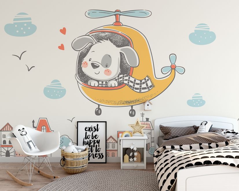 Cute Puppy in Helicopter Wallpaper Mural