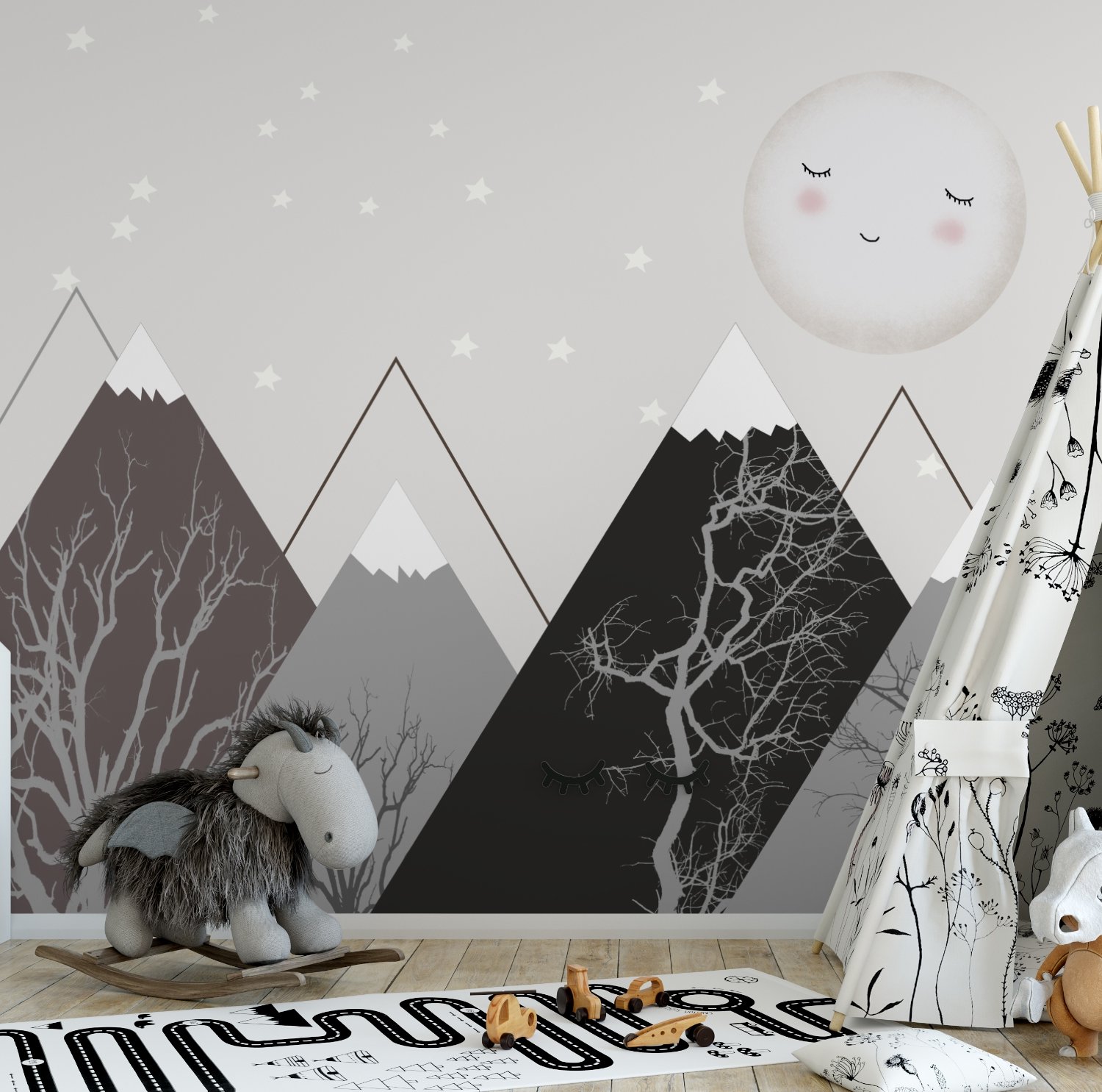 Kids Boys Cute Moon and Mountain Landscape Wallpaper Mural - Peel and Stick