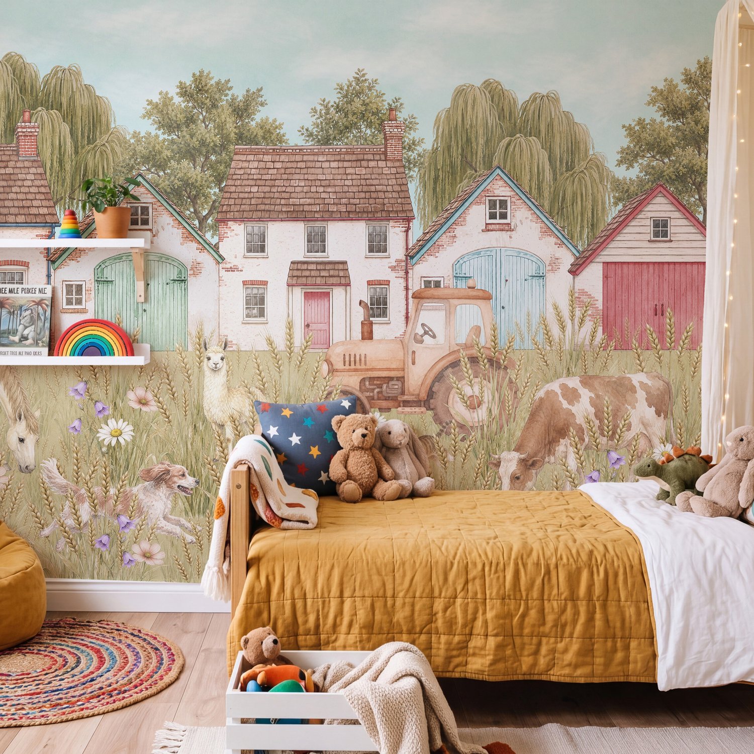 Colorful Farmhouse with Animals Wallpaper Mural - Peel and Stick