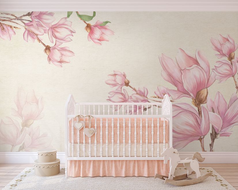 Watercolor Pink Magnolia Blossom Wallpaper Mural