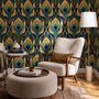 Art Deco feathers wallpaper with turquoise peacock eyes, gold plumes and navy teal ground
