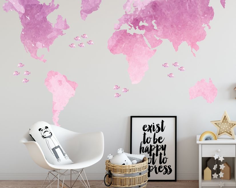 Kids Pink World Maps with Little Fishes Wall Decal Sticker