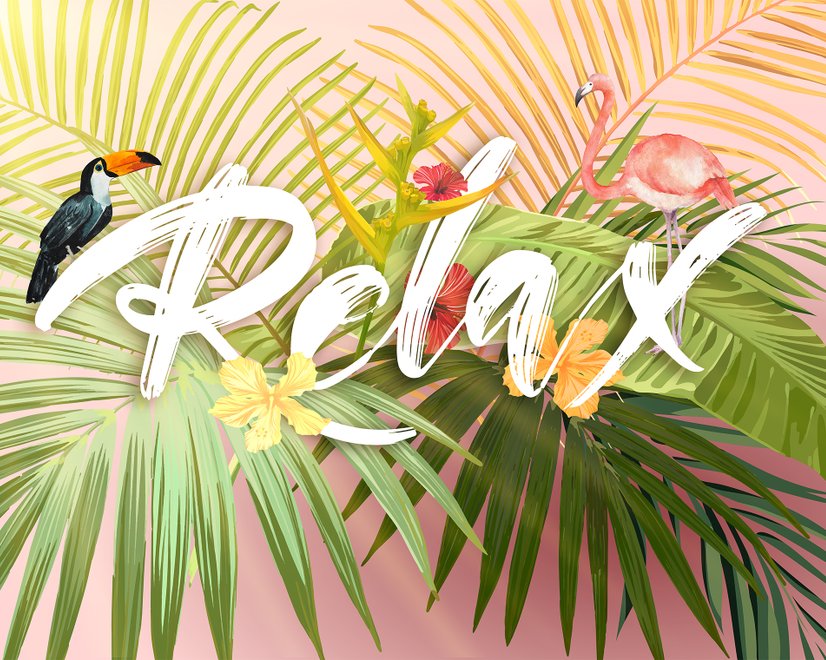 Papier peint panoramique flamant rose avec feuilles tropicales colorées