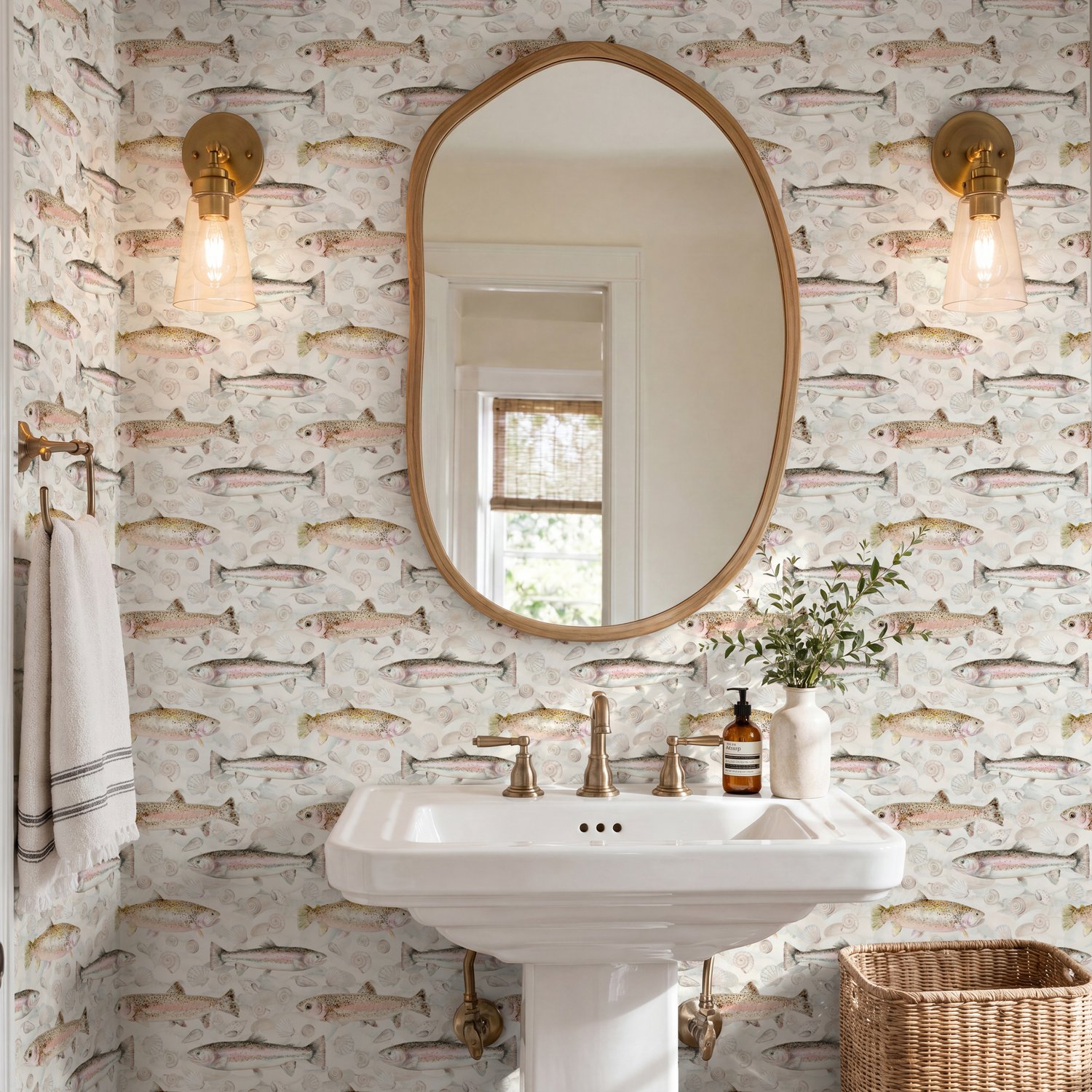 Aesthetic Seashell and Trout Watercolor Wallpaper - Peel and Stick