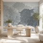 Light gray wallpaper mural with misty forest trees, falling leaves and birds
