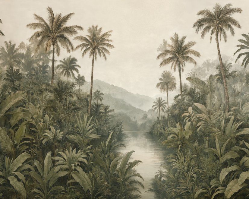 Misty tropical forest wallpaper with palms, pale river and hazy hills in muted green sepia
