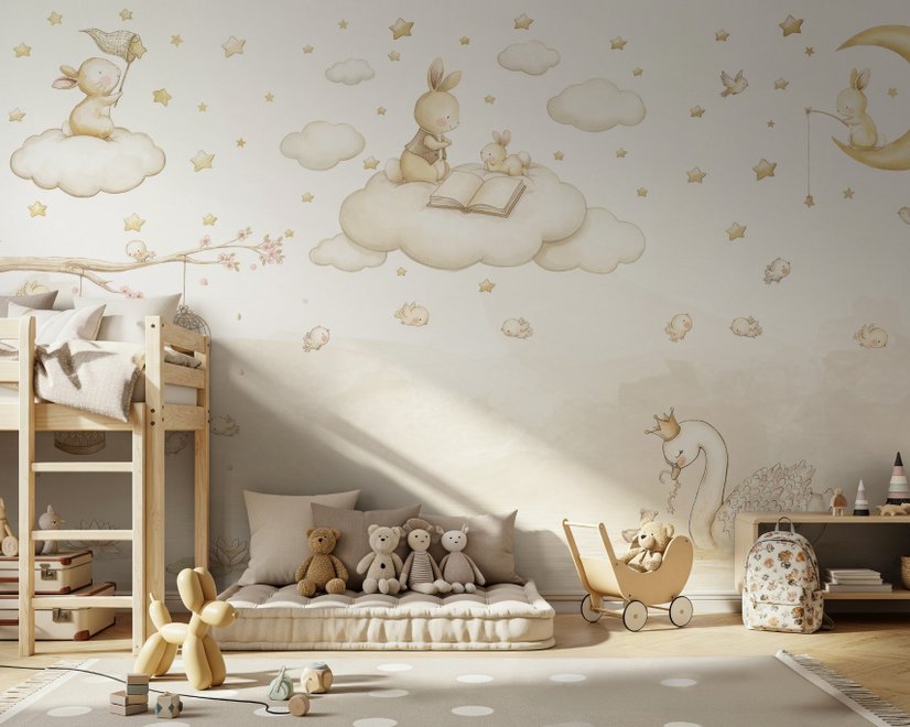 Rabbits on the Clouds and Empty Cages Wallpaper Mural
