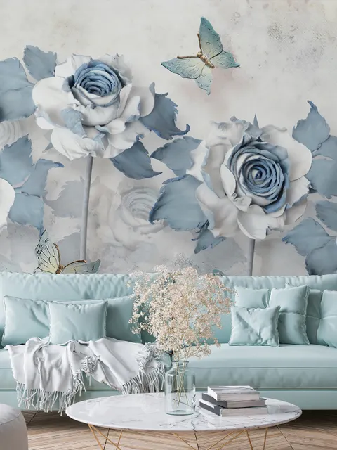 Soft Blue Floral Wallpaper Mural