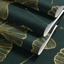 Dark green wallpaper with metallic antique-gold etched ginkgo leaves on a textured forest-green teal ground