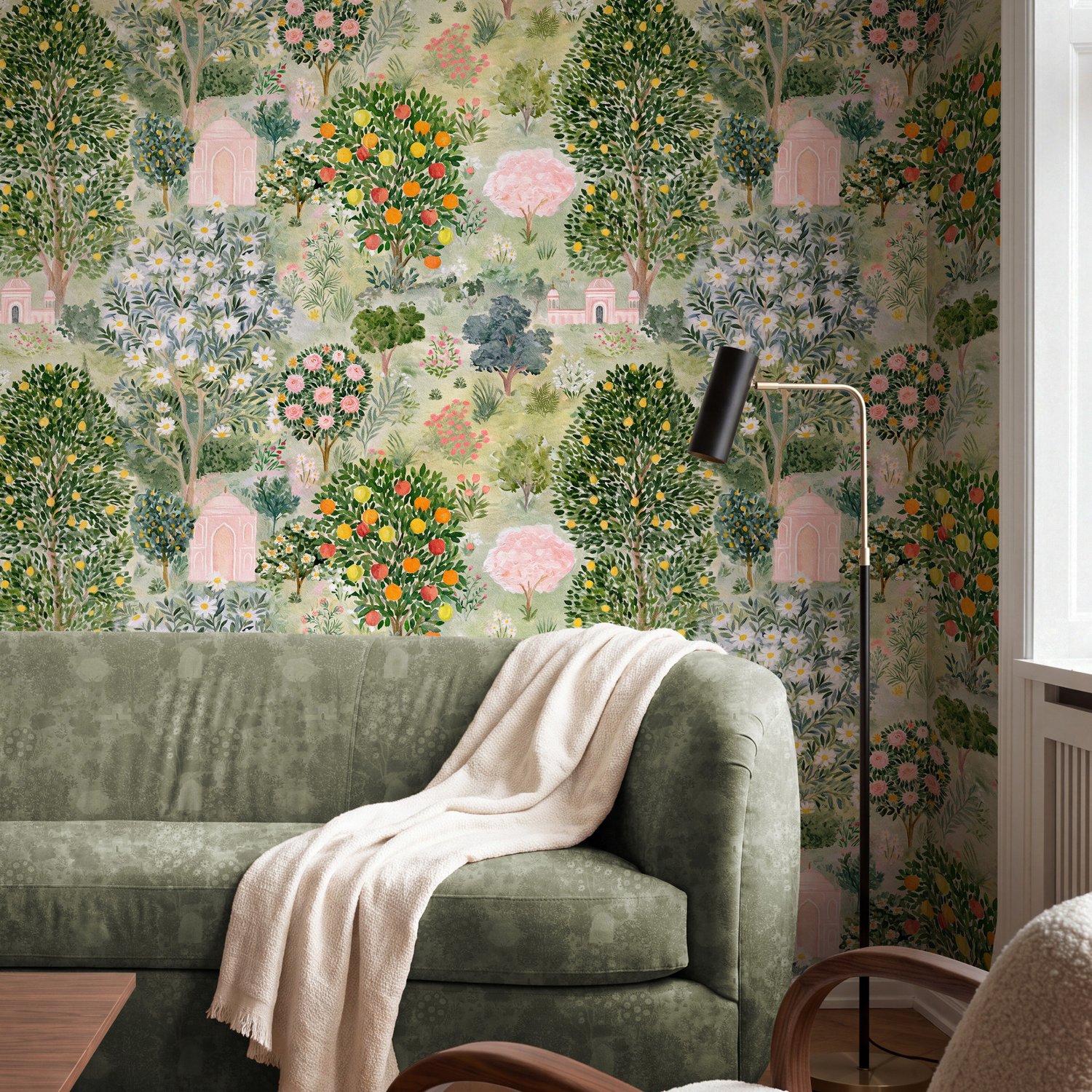 Watercolor Citrus Trees and Floral Brach Wallpaper Mural - Peel and Stick