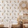 Kids wallpaper with sage, caramel and blue-gray watercolor dragons, clouds, sun and stars on white