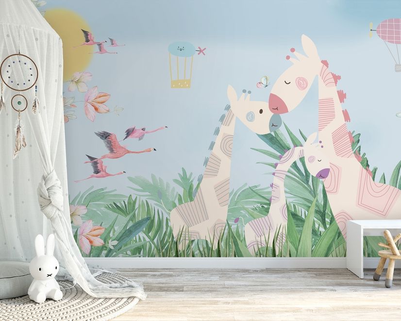 Nursery Tropical Landscape with Cute Girrafes Wallpaper Mural