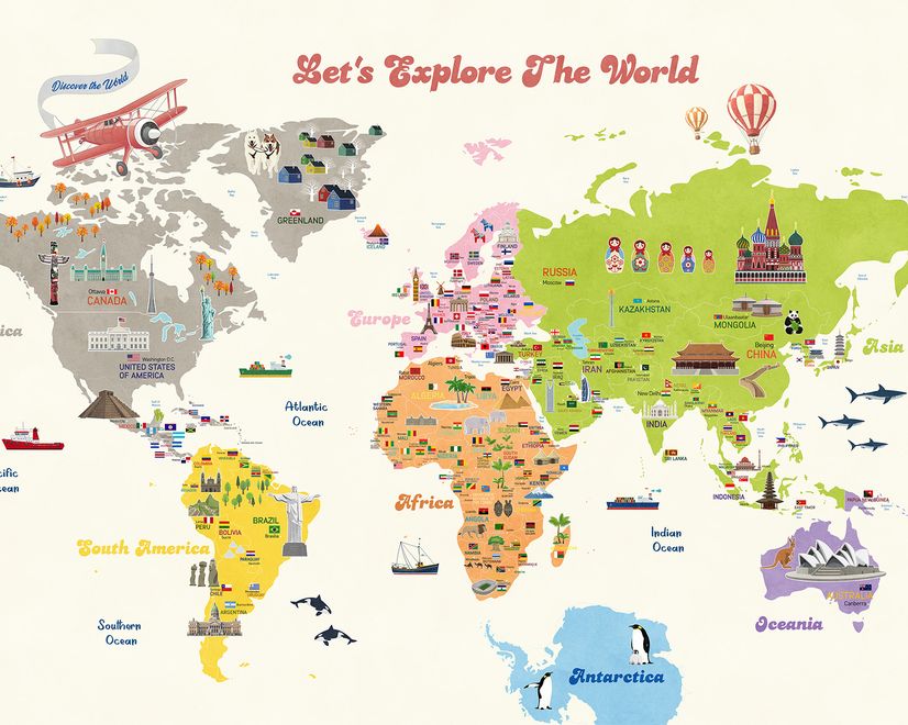 Kids Colorful Educational World Map Wallpaper
