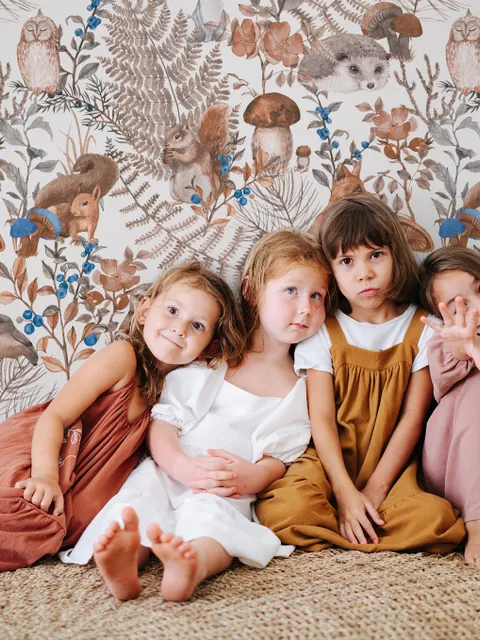 Papier peint panoramique aquarelle mignons enfants animaux dans la forêt