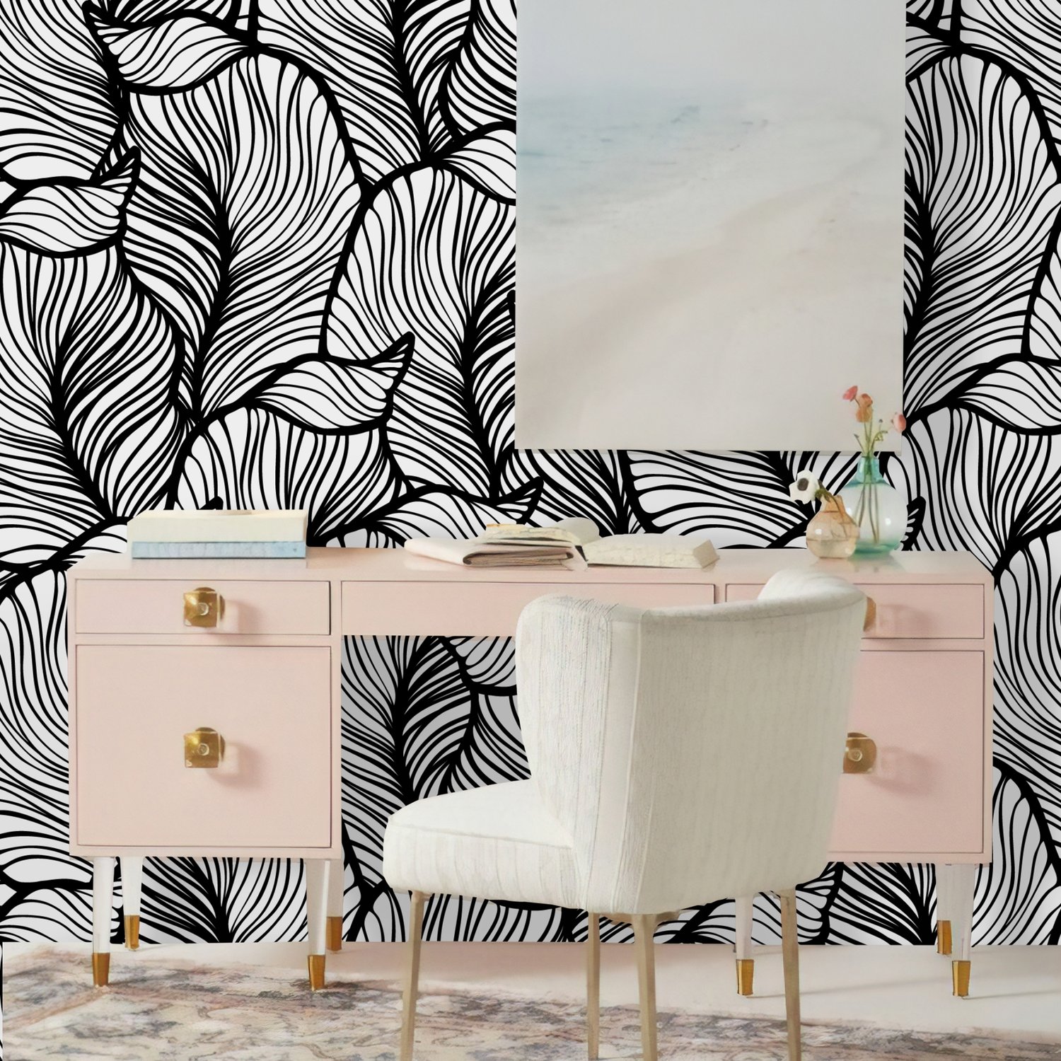 Golden Look Stylish Leaf Line Art Wallpaper Mural - Peel and Stick