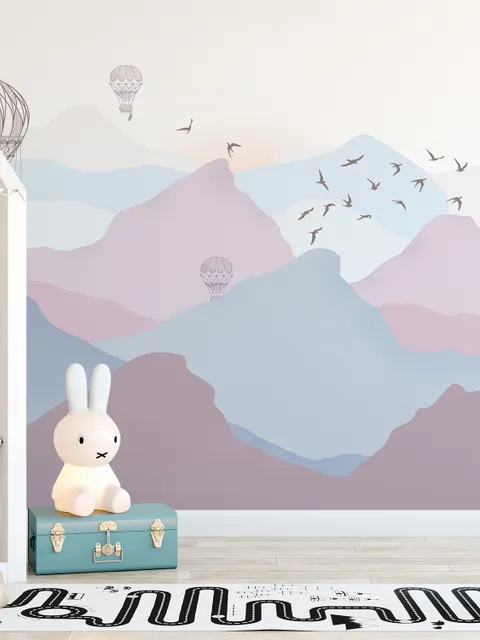 Kids Soft Misty Mountain Landscape and Old Hot Air Balloons