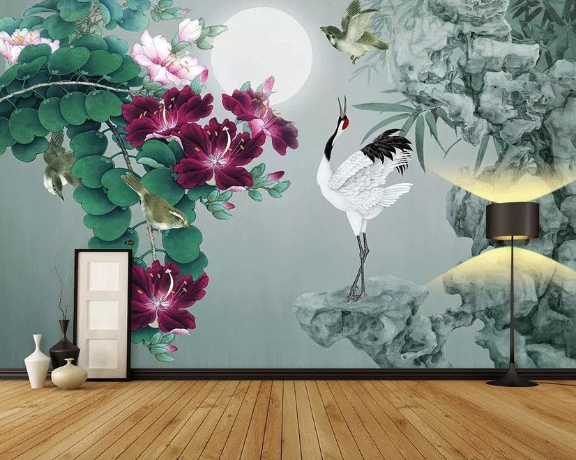Fototapete Weißer Storch und Lila Blumen