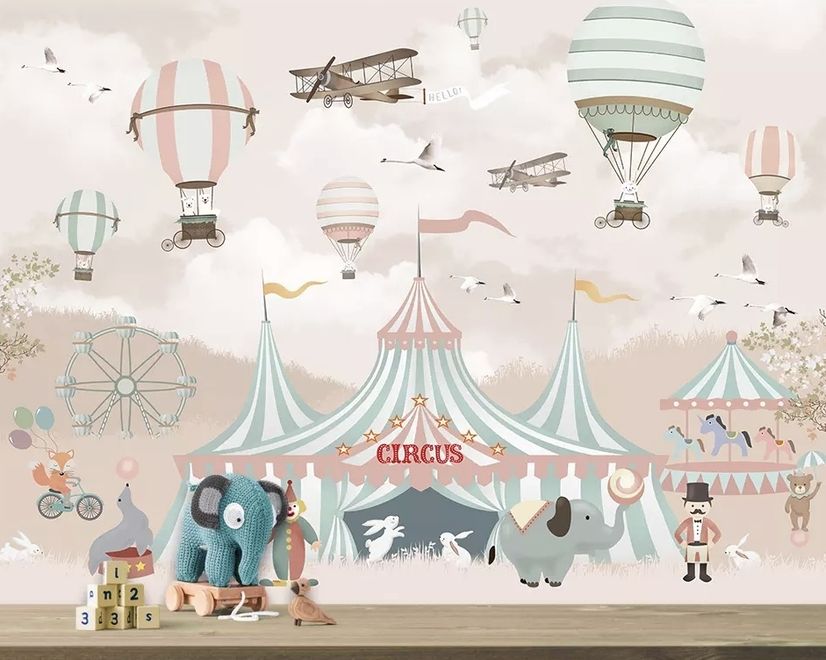 Kids Cartoon Circus with Hot Air Balloon Wallpaper Mural