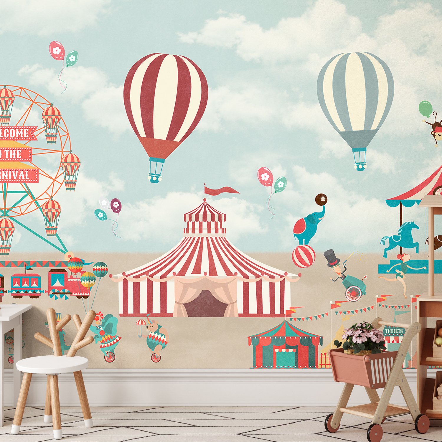Red Circus with Hot Air Balloon Wallpaper Mural - Peel and Stick