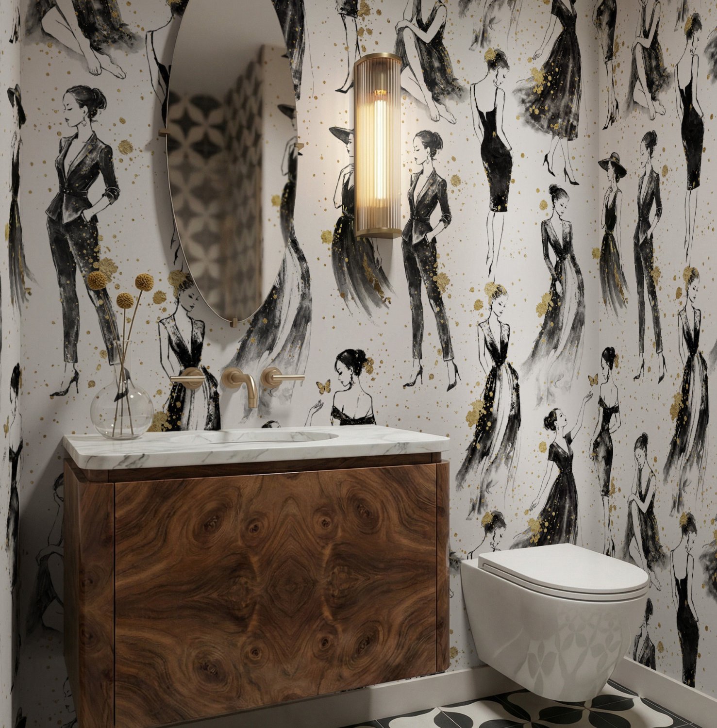 Modern Fashion Women Sketch Wallpaper Mural - Selbstklebende