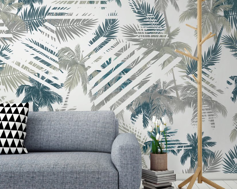 Papier peint panoramique vintage à motif de feuilles tropicales