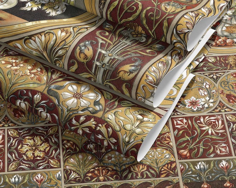 Antique style wallpaper mural with tulip vase medallion, floral tile panels and burgundy borders
