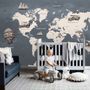 Kids Gray World Maps with Vintage Hot Air Balloon and Cars Wallpaper Mural