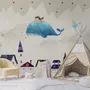 Cartoon Village and Little Child on the Flying Whale Wallpaper Mural