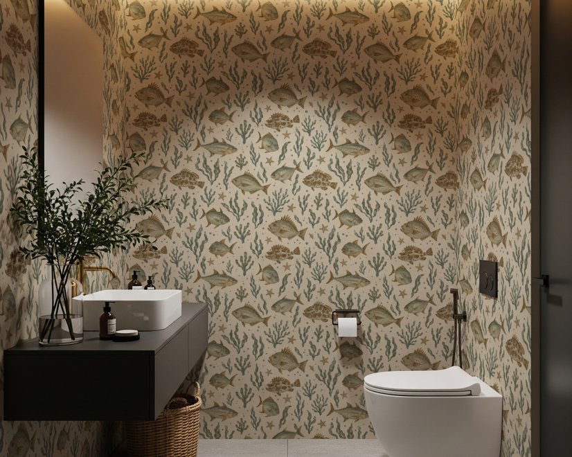 Watercolor fish wallpaper with grey-blue fish, seafoam seaweed, starfish and bubbles on warm cream