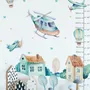 Kids Cartoon Village for Boys Watercolor Aircraft and Hot Air Balloon Wall Decal Sticker