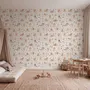Papier Peint Panoramique Enfants avec Chiots et Fleurs Aquarelle
