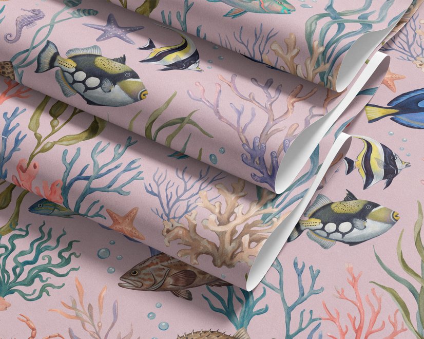 Cute pink seashell wallpaper with watercolour reef fish, coral, seaweed, starfish and shells on blush pink