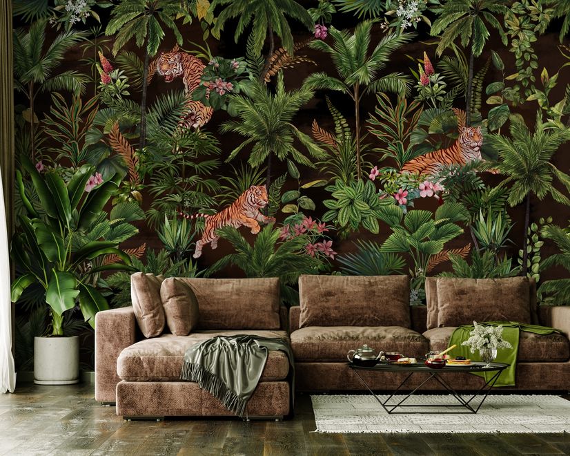 Dark Tropical Trees with Tigers Wallpaper Mural