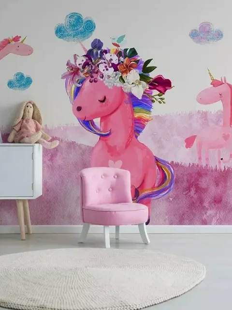 Cartoon Pink Unicorn Drawing Art Wallpaper Mural
