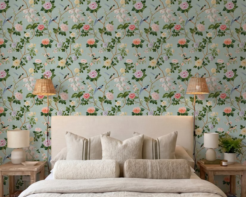 Chinoiserie wallpaper with peach birds, orchids and peonies on a pale duck egg blue ground