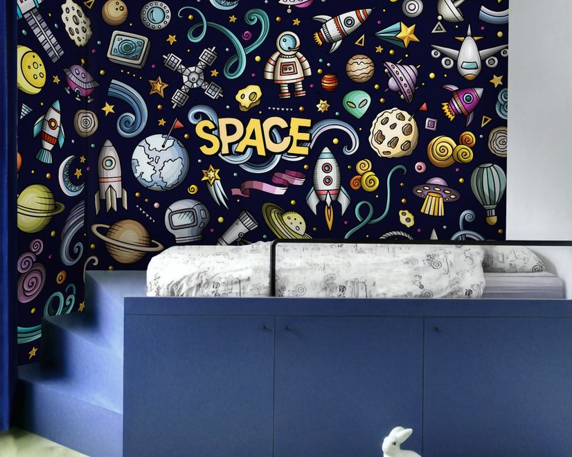 Papier peint espace dessin animé avec astronaute et planètes colorées pour enfants