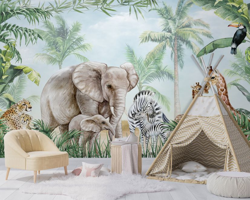 Kids Safari Animals with Cub Wallpaper Mural
