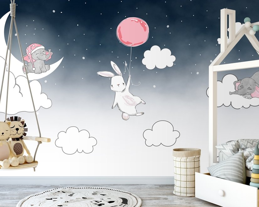 Cartoon-Nachthimmel mit Hase und Elefant Fototapete