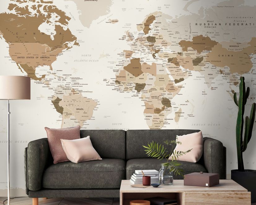 Brown Political Map Wallpaper Mural