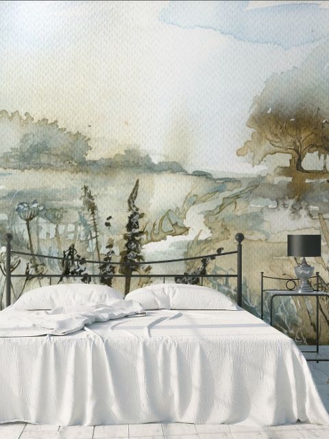 Papier peint paysage botanique style aquarelle