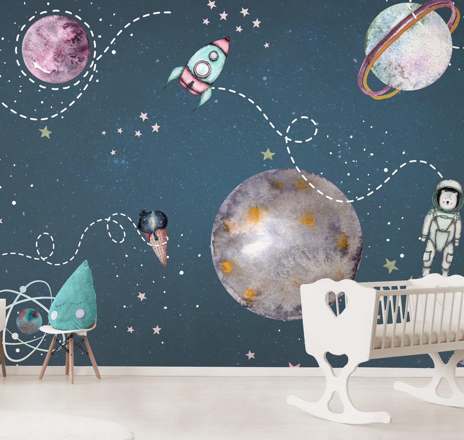 Kids Shining Space with Watercolor Bear Astronaut Wallpaper Mural - Peel and Stick